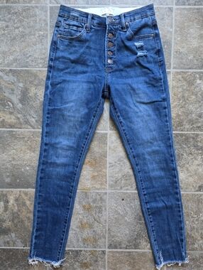 SAIGE High-Rise Button-Fly Skinny Jeans in Dark Blue